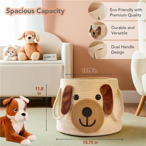Large Dog Woven Basket with Handles - Toy Storage Bin, - Picture 10 of 14